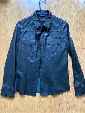 Black Leather Button-Front Jacket - Black